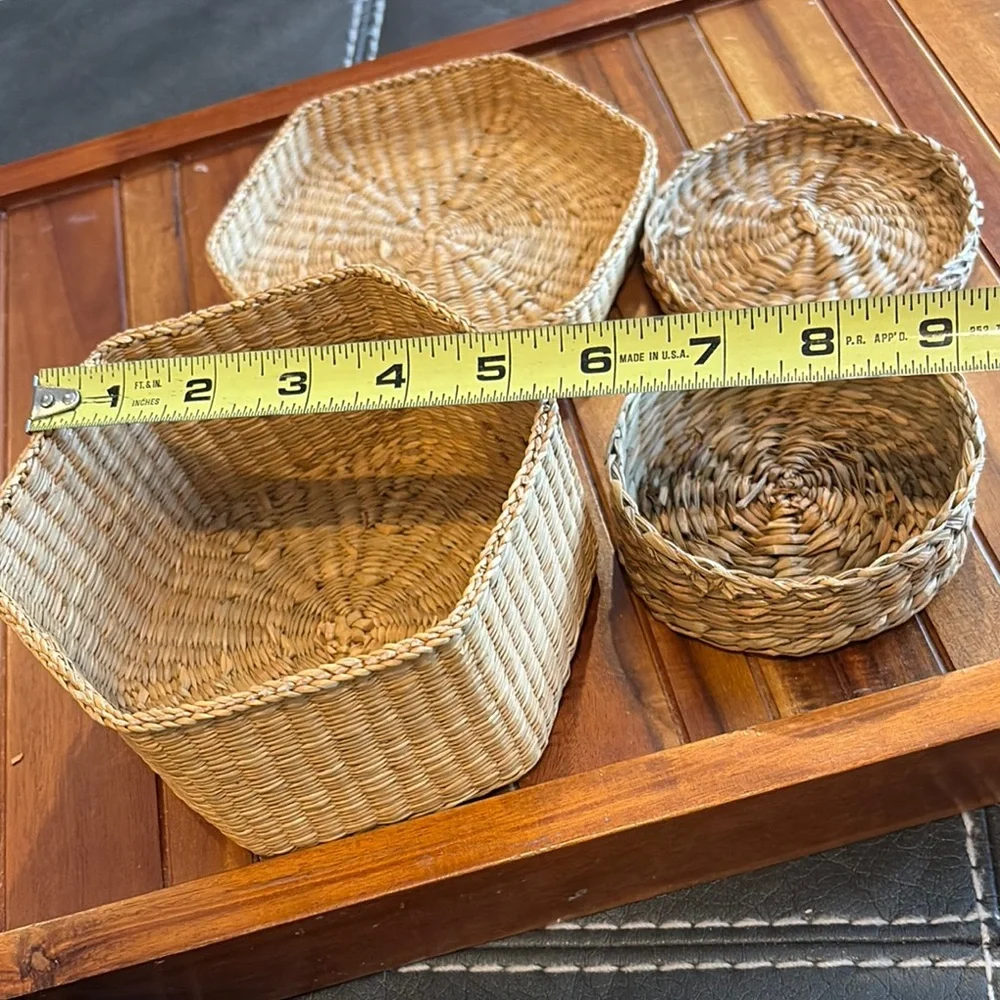 Vintage Sweetgrass Hexagon and Round Woven Basket Set